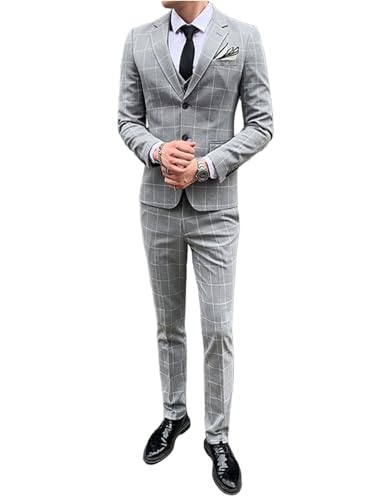 Men's Checked Suit Three Pieces Plaid Notch Lapel Single Breasted Button Jacket Vest Pants for Formal