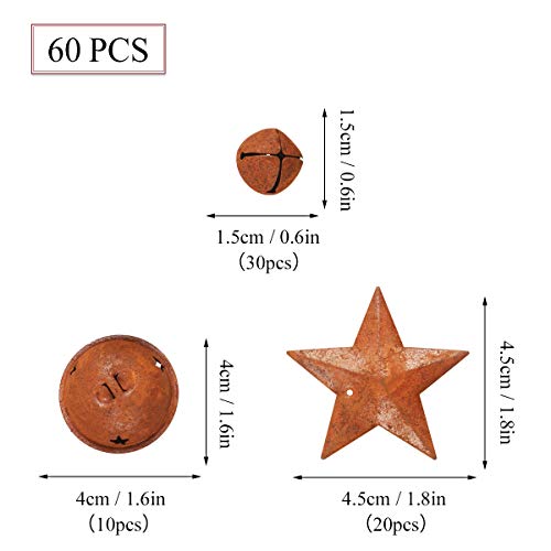 Yiya 60Pcs Rusty Jingle Bells Rusty Metal Stars Contain A Jute Rope, Diy Bells Metal Craft Bells For Christmas Festival Decoration Wreath Holiday Home Decoration (3 Sizes) #TOP1