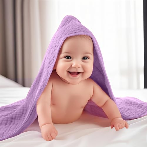 Image of VitalCozy 12 Pcs Baby Muslin Hooded Bath Towels and Washcloths, Muslin Hooded Baby Towels Absorbent Blankets for Gift Newborn Infant Shower (Purple Series)