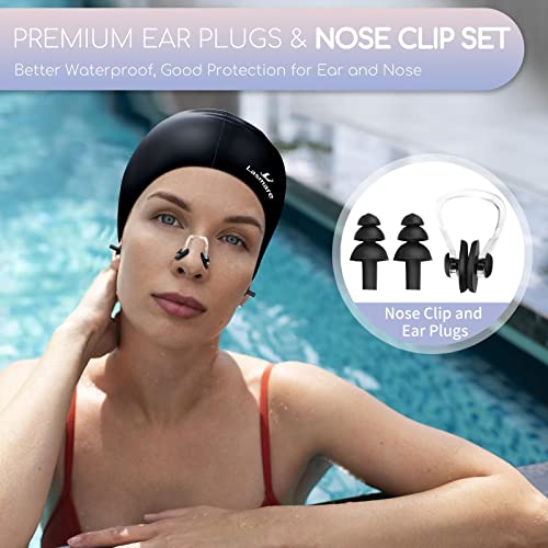 Long Hair Swim Cap For Women 2 Pack, Silicone Swimming Caps For Unisex Adult Women Men With Ear Plugs & Nose Clip Set, Waterproof Adult Swim Hats Bathing Caps To Keep Hair Dry(Black+Blue) #TOP5