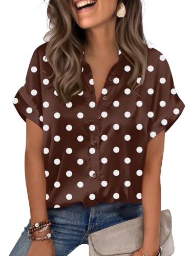 Zeagoo Silk Blouses for Women Fall Dressy Casual Tops Brown Polka Dot