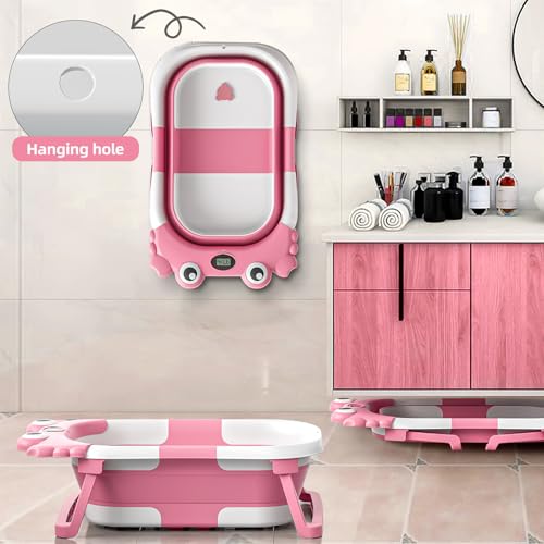Foldable Baby Bathtub with Temperature Monitor for Newborns to Toddlers, Portable Travel Tub for 0-36 Months - Pink