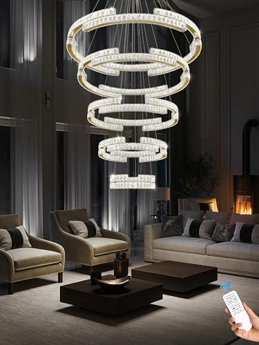 Gold Large 5 Ring Crystal Chandelier for High Ceiling