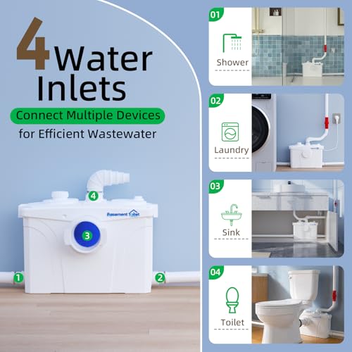 Image of Macerating Toilet Upflush System for Basement Bathroom, Complete Macerating Toilet Kit with 4 Inlets, Toilet Bowl, Water Tank, Soft Close Seat & Extension Pipe, for Sink Shower Kitchen