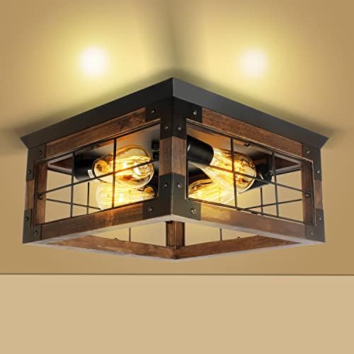Farmhouse Flush Mount Ceiling Light Fixture, 4-Lights Rustic Wood ...