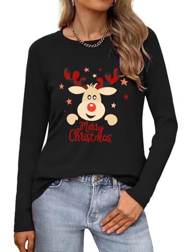 Wayleb Weihnachtsbluse Damen Langarm Rundhals – Weihnachtsshirt Lustig mit Rentier Print, Weihnachtskleidung Festliche Oberteile Winter Casual Xmas...