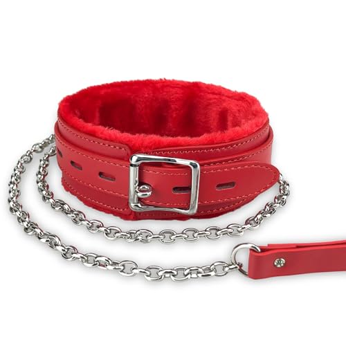 Collare girocollo gotico in pelle PU, foderato in pelliccia di poliuretano, collare per animali domestici con lunga e resistente catena staccabile per animali domestici (rosso)