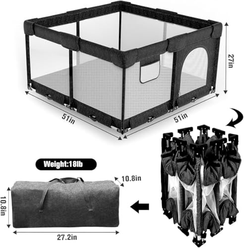 Image of Veraste Foldable Baby Playpen with Gate, Extra Large Collapsible Play Yard for Babies & Toddlers, Portable Travel Playpen, Baby Activity Center for Indoor & Outdoor Use (Black 51 inchx51 inch)