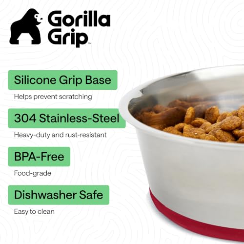Image of GORILLA GRIP Dog Bowls, Food Grade 304 Stainless Steel, Holds 4 Cups Each (32 fl oz) Food and Water Bowl for Feeding Dogs and Cats, Dishwasher Safe, Rust Resistant, BPA Free Rubber Base Set of 2 Red
