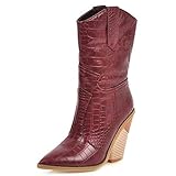  Toride Damen Cowboystiefel Mitte Kalbsleder Western Heel Chunky Wedges Slip On Spitz Herbst Winter Biker Stiefel