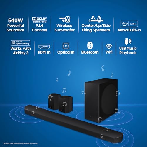 Image of Samsung 540 W 9.1.4ch (HW-Q930C /XL) Q-Symphony Soundbar Wireless Subwoofer, Top /Centre /Side Firing Speakers, Wide Range Tweeter, Wireless Rear Speaker, Dolby Atmos, Built-in Alexa, AirPlay2, Wi-Fi
