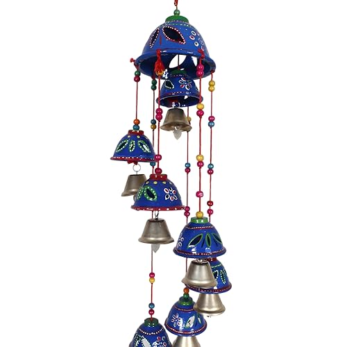 Image of Kuber Industries Rajasthani Design Handcrafted Hanging Windchimes|Latkan with 8 Bells for Home Decor & Positive Energy,Pack of 2 (Blue), Plastic