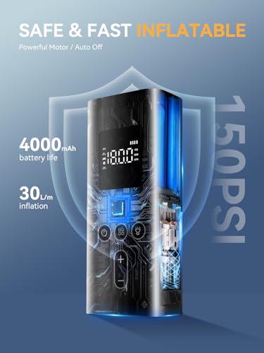 AIRSURE Tire Inflator Portable Air Compressor, 150 PSI Fast Inflation Cordless Air Pump with LED Light, Auto Shut-Off, Rechargeable Battery for Car, Motorcycle, Bike, and Sports Balls