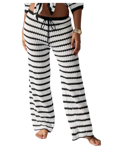 MakeMeChic Women's Fall Striped Pants Crochet Tie Front Elastic Waist Wide Leg Lounge Pants Knit Sweatpants