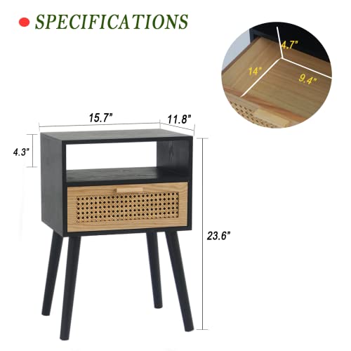Maxsmeo End Table With Storage Mid Century Nightstand With Rattan Drawer And Shelf, Wood Small Side Coffee Table For Small Space, Living Room And Bedroom, Easy Assembly (Black) #TOP2