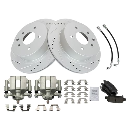 Image of TRQ Performance Rear Brake Pad and Rotor Set Semi Metallic Slotted Drilled Coated Rotors Calipers Compatible with 2003-2005 Infiniti G35 Nissan 350Z
