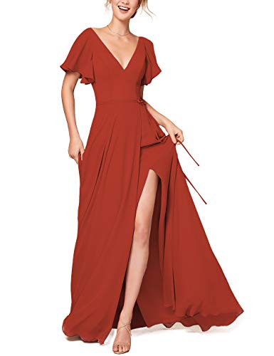 Lover Kiss Double V-Neck Bridesmaid Dresses Short Sleeve Long Rust Formal Evening Dress for Teens 16
