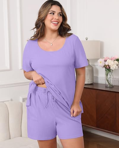 Image of Womens Plus Size Pajama Sets 2 Piece Summer Outfits Short Sleeve Tops Shorts with Pockets for Lounge Sleepwear
