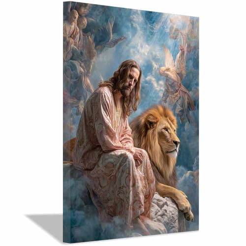 PUQAAEO Decoración de pared en lienzo de Jesús Jesús y el león decoración mural grande, decoración católica del hogar para iglesia, oficina,Oficina（multicolor160-40x60cm Enmarcado