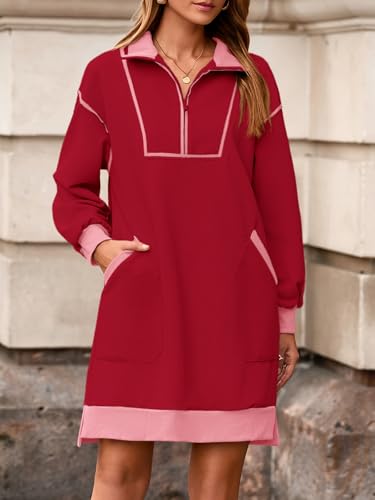 Image of Wenrine Womens Half Zip Sweatshirt Dress Fall V Neck Contrast Mini Dresses