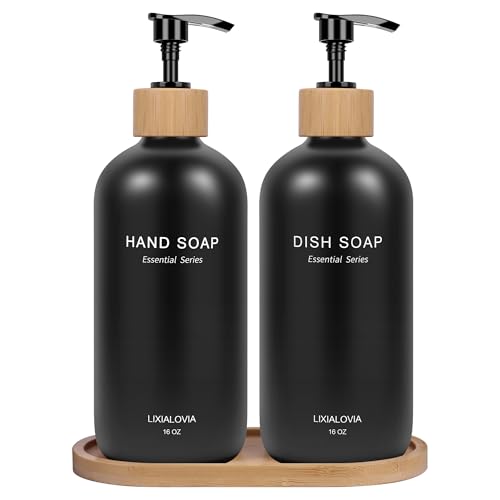 Dish and Hand Soap Dispenser Set with Tray, 16OZ Refillable Glass Bottles and Wood Pump, Double Bottle Countertop Organizer for Kitchen and Bathroom (Black)