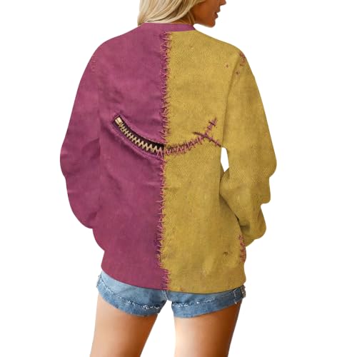 Halloween Sweatshirt Women Patchwork Pullover Ragdoll Doll Face with Pocket - image 6