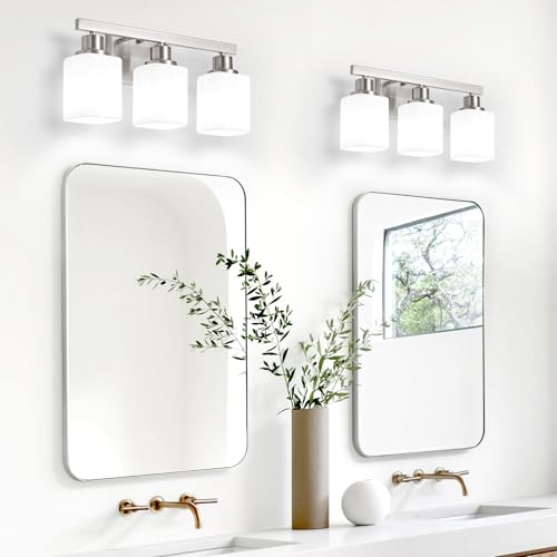 Image of 3-Light Bathroom Vanity Light,Brushed Nickel Vanity Lights with Square Frosted Glass,Modern Bathroom Wall Lights Fixtures Over Mirror,Wall Sconces Lighting for Bedroom Living Room,E26