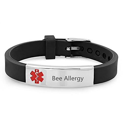 Sunling Custom Adjustable Silicon Medical Alert Allergy Awareness Bracelet for Women Men Kids,Free Engraving Emergency ID Bangle for Son,Daughter,Parents