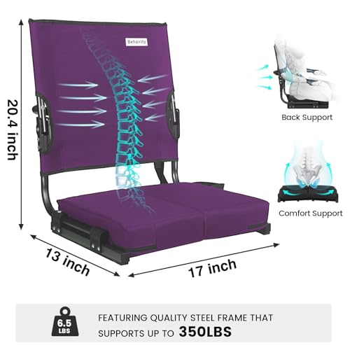 behairity Portable Stadium Seat for Bleachers with Back Support, Wide Padded Bleacher Chair with High Back and Thick Cushion for Adults, Folding Stadium Chair for Football Sports Events (Purple)