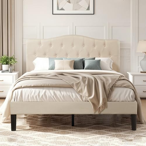 Queen Size Platform Bed Frame with Fabric Upholstered Headboard…