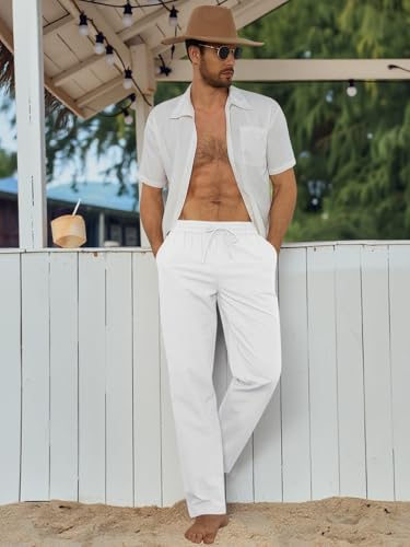 Runcati Mens Cotton Pants Elastic Waist Drawstring Casual Beach Linen Pants Lightweight Loose Fit Yoga Trousers4
