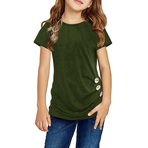 Girls Summer Casual Tunic Tops Knot Front Button Short Sleeve Blouse T Shirts Tee Blouse for 4-13 Years(Green,12-13 Years)
