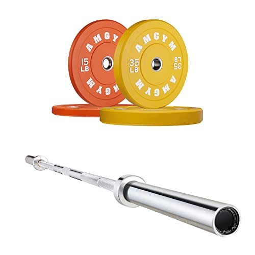 Amgym Color Bumper Plates Set With 7 Foot 1000 Lb Capacity Olympic Barbell, Color Rubber Weight Plates With Steel Insert, Chrome Bar For Weightlifting Powerlifting(100Lb + Bar) #TOP18