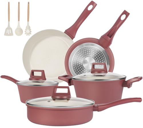 La Mejor Recopilación de Juegos de sartenes y ollas - los más vendidos. 44 M MELENTA Juego de Ollas y Sartenes Antiadherente de 11 Piezas con Efecto Granito, Diseño en Dos Tonos (Exterior Rojo Oxidado), para Inducción, Libre de PFOA y PFOS