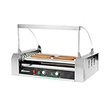 Restaurantware Hi Tek Hot Dog Spinner 1 Curved Glass Sneeze Guard Hot Dog Cooker - Dual Temperature Controls Removable Drip Tray Stainless Steel Hot Dog Roller No-Slip Feet Fits 24 Hot Dogs