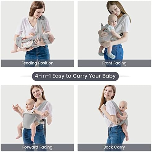 SERAPHY Baby Carrier with Pocket, 4-in-1 Easy to Wear Ergonomic Adjustable Breathable Carrier Slings, Perfect for Newborn to Infants up to 15KG Toddlers - Grey