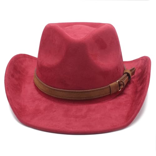 Image of Unisex Western Suede Cowboy Cowgirl Hat Classic Wide Brim Fedora Hat for Men &Women