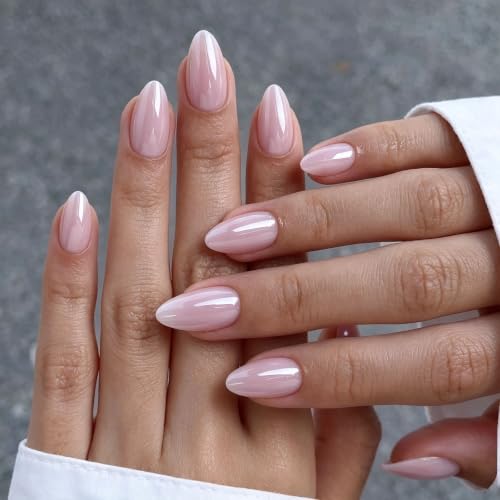 32Pcs Soft Gel Press on Nails for Women, Pink Chrome, Short Almon...
