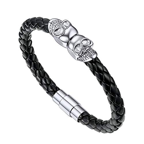 U7 Mens Leather Bracelet with Stainless Steel Clasp, Leather Cuff Bracelet in Skull or Wrap Style Black Bracelets for Husband i.Skull-Stainless 7.5 In