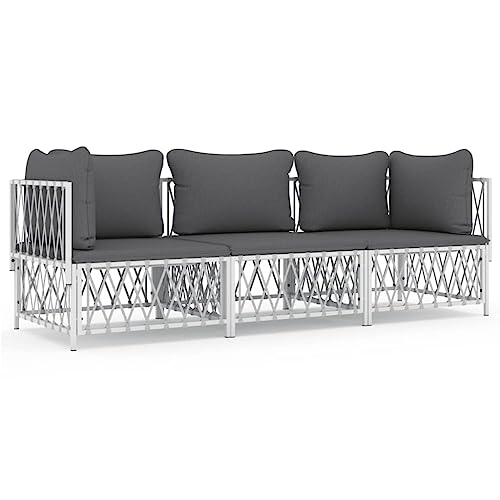 Salon de jardin modulable 3 pièces blanc en acier et coussins gris