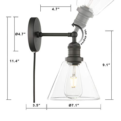 Image of Phansthy Industrial Wall Sconce Light with Switch, Plug in Wall Lamp with 7.1 Inches Cone Glass Lampshade Vanity Light for Bedside Bedroom Living Room (Black, Cone Glass Shade)