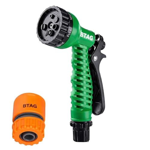 Image of Btag 7-Pattern Garden Spray Gun Hose Nozzle with Adjustable Trigger Handle, Water Spray Nozzle for Car Wash, Lawn & Garden Watering - with Orange Connector (SPRAY001 Green)
