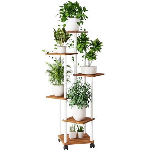 Venhvorer Support Plantes Intérieur À 6 Niveaux, 137 cm Porte Plante Intérieur Pour Plusieurs Plantes, Étagère pour Plantes en Métal Bois, Porte Plante Extérieur