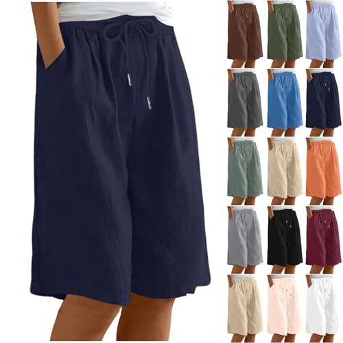 Image of Saxrel Denim Shorts for Women Ladies Jogger Womens Knee Length Shorts Plus Size Summer Clothes Activewear Cotton Linen Fitness Sport Pocket Solid Color Half Loose Fit Wide Leg High Waist Drawstring