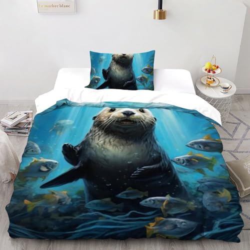 Cute Beaver Bed Set Art Duvet Cover Set 2 Pieces Hypoallergenic Microfiber for Kids Boys Girls Teens with Zipper Closure Single（135x200cm）