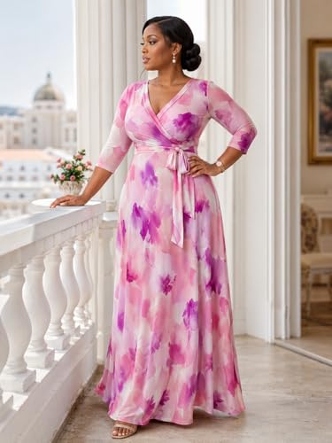Image of Women's V Neck Floral Maxi Dress 3 /4 Sleeve Plus Size Boho Wrap Flowy Long Dresses with Belt