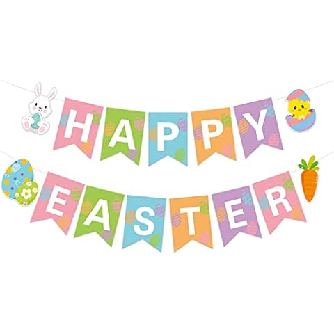 JOZON Happy Easter Banner Colorful Easter Bunting Banner Garland with Bunny Easter Eggs Chick Carrot Signs Spring Easter Party Decorations for Mantle Fireplace Cover