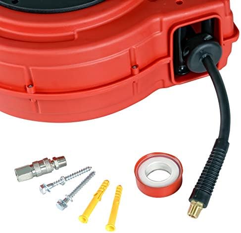Amazon Brand - Umi Air Hose Reel Retractable 15m 3/8Inch Connection Wall Mounting- Premium Commercial Flex Hybrid Polymer Hose Max 20bar 300psi Heavy Duty Spring Driven Lead-in Hose Included