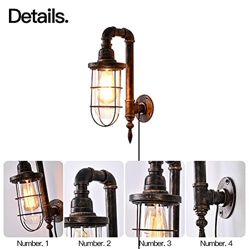 Lovefindahome Industrial Plug In Wall Light E26 Base Edison Wire Retro Style Vintage Wall Lights With 5.9Ft Adjustable Plug In Cord Rustic Wall Sconce Fixture For Headboard Bedroom Porch - Cage #TOP2