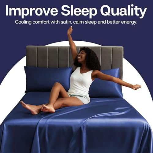 Image of SKVM Satin Silk Pillow Covers Set of 4 for Hair and Skin scrunchies Set for Women 3-Pieces Pillowcase Soft Breathable Smooth Sleeping Envelope Closure Cover Bed Anti Frizz 18 inchX 28 inch (4, Navy Blue)